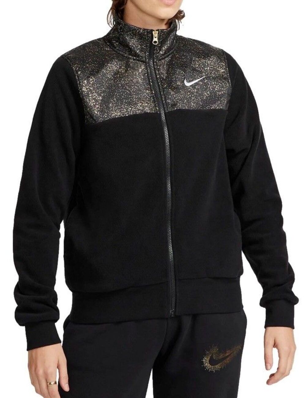 NIKE Women's Sportswear Stardust Plush Jacket sz M Black Gold Atleisure